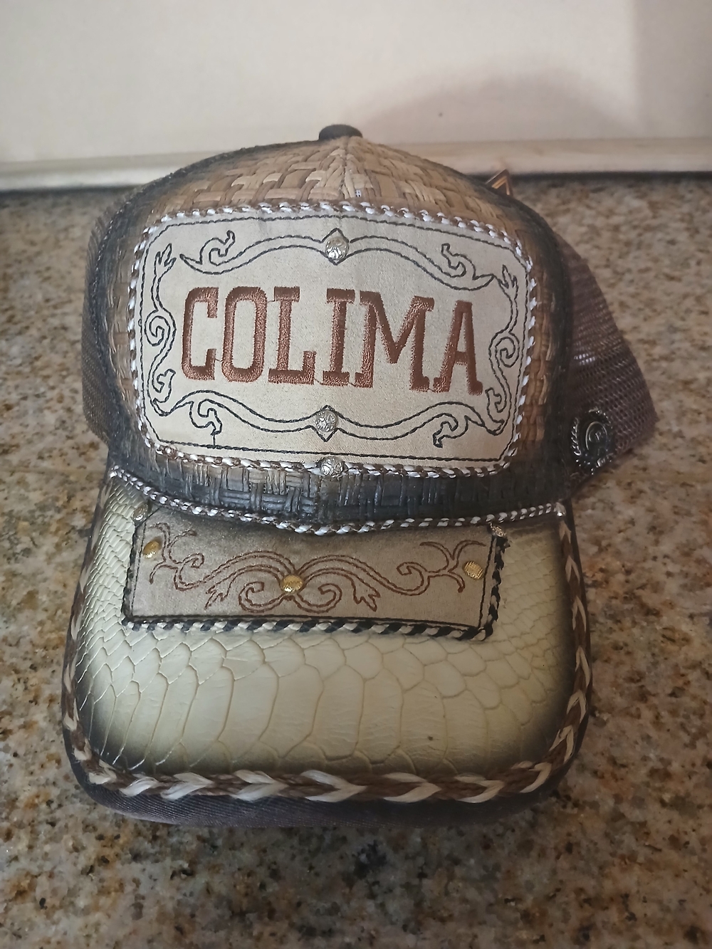 Colima Embroidered Trucker Hat in Beige and Brown